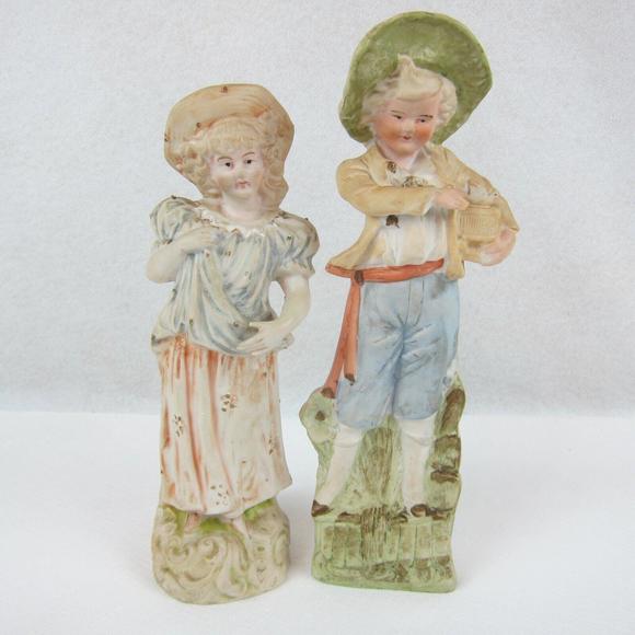 Antique German Porcelain Bisque Figures Sculptures Pair Boy & Girl Harvest - Picture 11 of 12